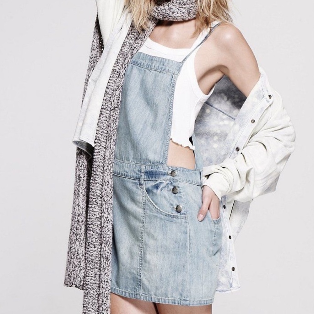 Free People Savannah Denim Mini Jumper Overall Dress Boho Light Wash